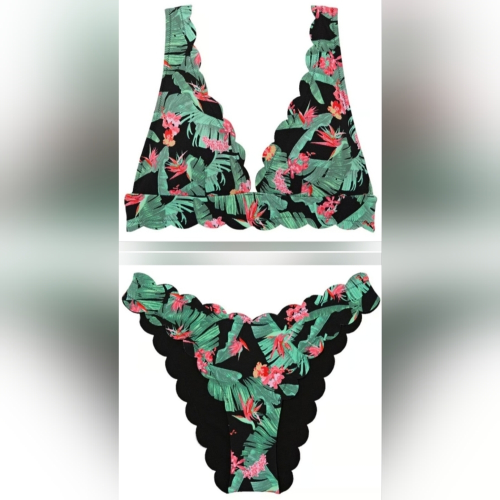 M/S VS Swim Scallop Plunge Brazilian Bikini Set Tropical Island Getaway